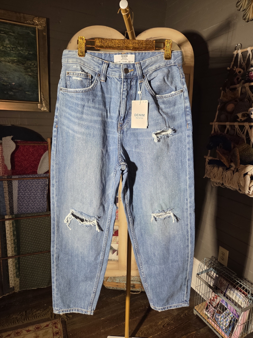 Bershka Light Blue Distressed Boyfriend Jeans